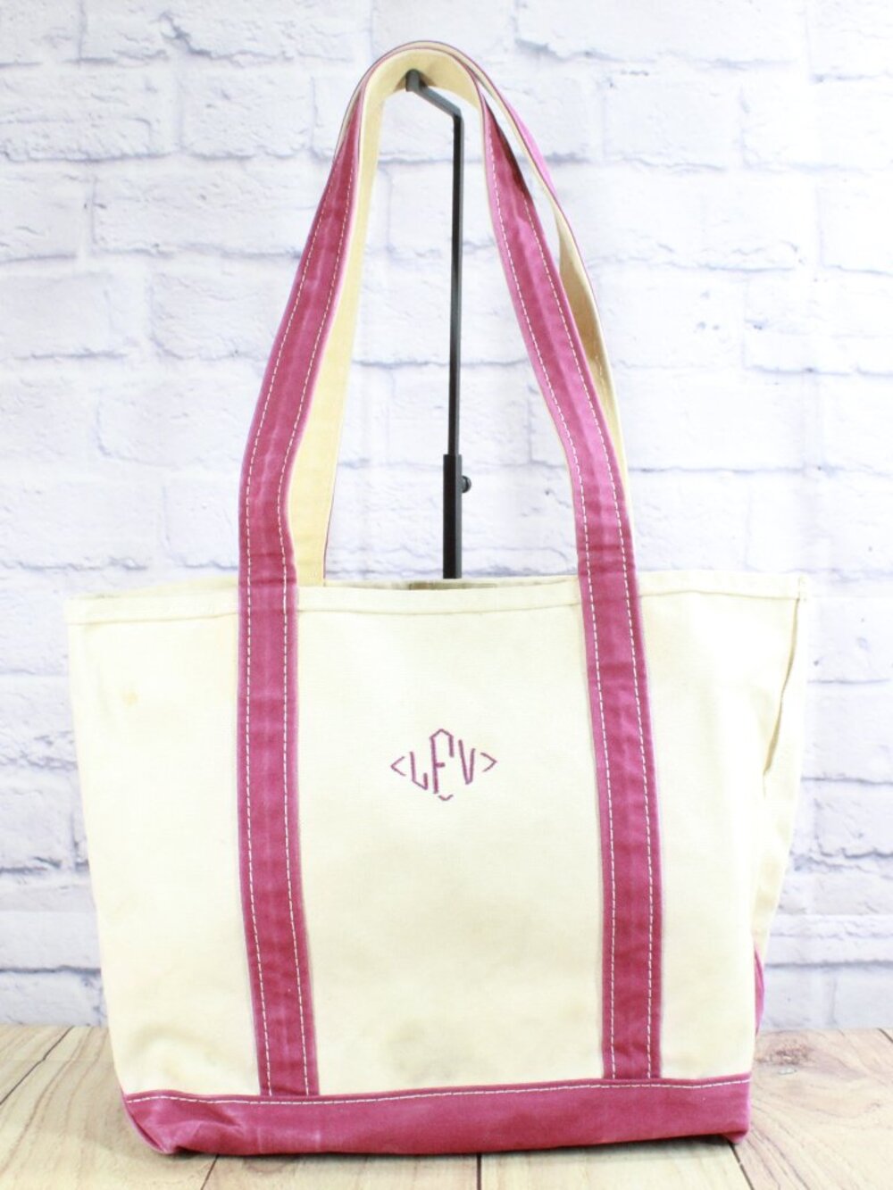 Vintage LL Bean Boat & Tote Bag USA Made Canvas Pink Long Straps LFV Monogram